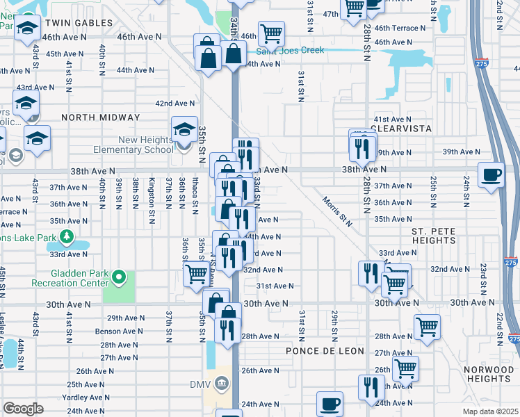 map of restaurants, bars, coffee shops, grocery stores, and more near 3500 33rd Street North in St. Petersburg