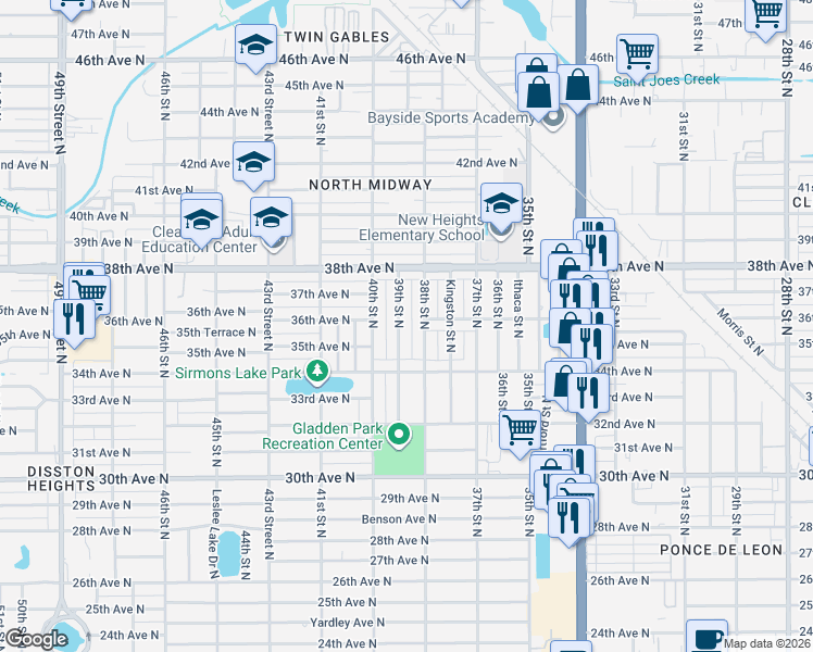 map of restaurants, bars, coffee shops, grocery stores, and more near 3512 38th Street North in St. Petersburg