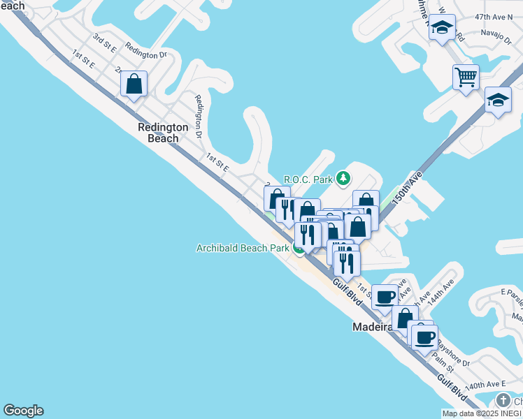 map of restaurants, bars, coffee shops, grocery stores, and more near 15305 1st Street East in Madeira Beach