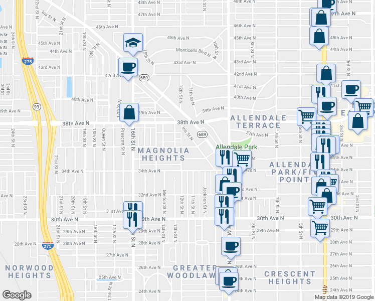 map of restaurants, bars, coffee shops, grocery stores, and more near 1121 35th Avenue North in St. Petersburg