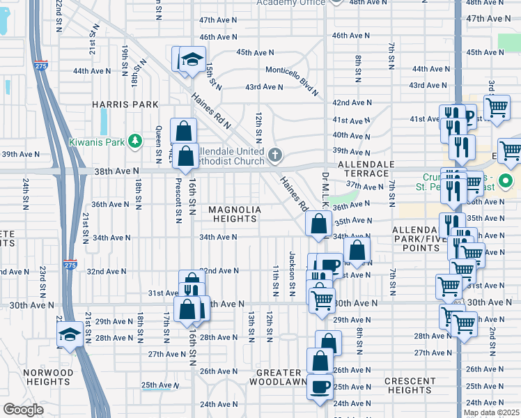 map of restaurants, bars, coffee shops, grocery stores, and more near 1229 35th Avenue North in St. Petersburg