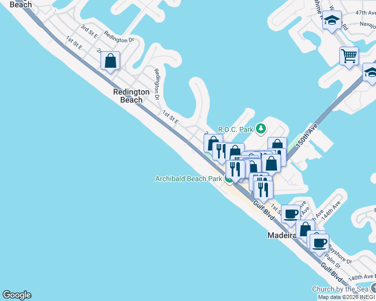 map of restaurants, bars, coffee shops, grocery stores, and more near 15400 Gulf Boulevard in Madeira Beach
