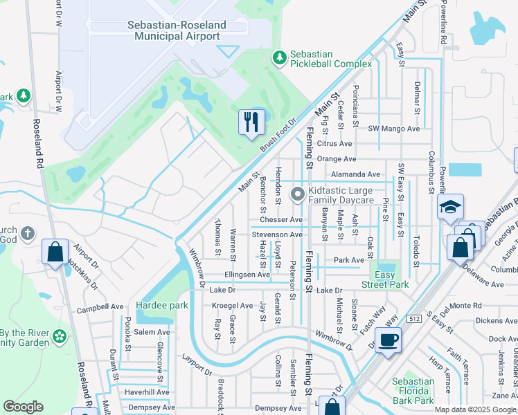 map of restaurants, bars, coffee shops, grocery stores, and more near 674 Chesser Avenue in Sebastian