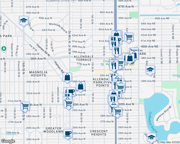 map of restaurants, bars, coffee shops, grocery stores, and more near 3501 7th Street North in St. Petersburg
