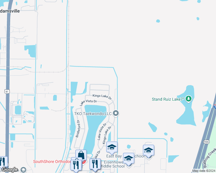 map of restaurants, bars, coffee shops, grocery stores, and more near 6947 Crown Lake Drive in Gibsonton
