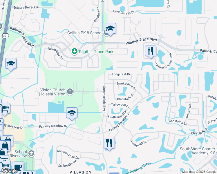 map of restaurants, bars, coffee shops, grocery stores, and more near 11304 Plumtree Court in Riverview