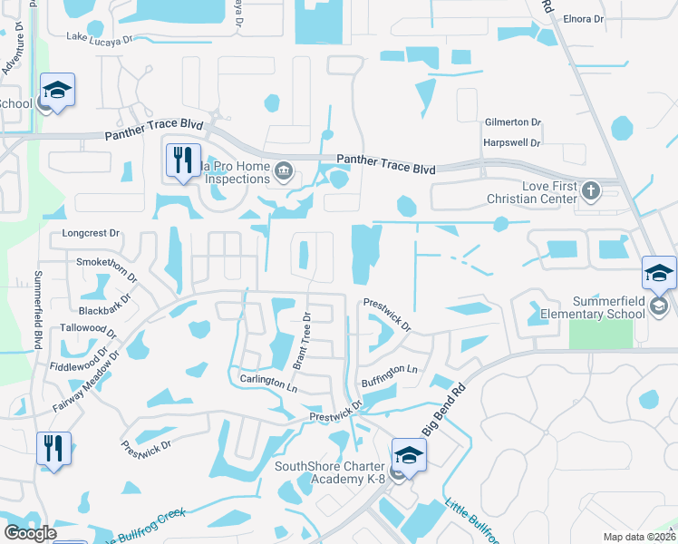map of restaurants, bars, coffee shops, grocery stores, and more near 13320 Prestwick Drive in Riverview