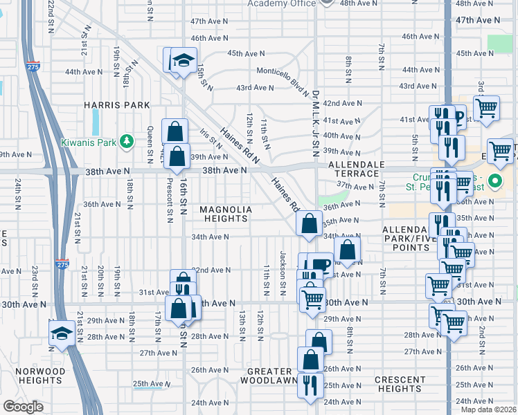 map of restaurants, bars, coffee shops, grocery stores, and more near 1130 36th Avenue North in Saint Petersburg