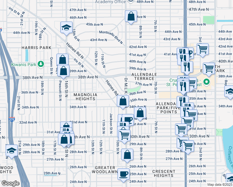 map of restaurants, bars, coffee shops, grocery stores, and more near 3459 Iris Street North in St. Petersburg