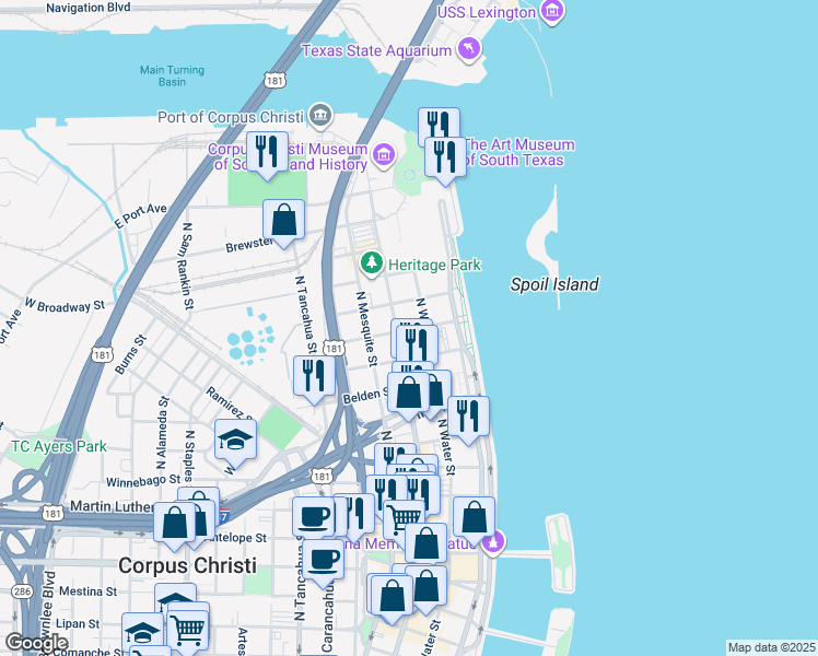 map of restaurants, bars, coffee shops, grocery stores, and more near 1315 North Chaparral Street in Corpus Christi