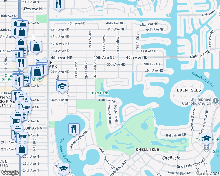 map of restaurants, bars, coffee shops, grocery stores, and more near 750 Placido Way Northeast in St. Petersburg