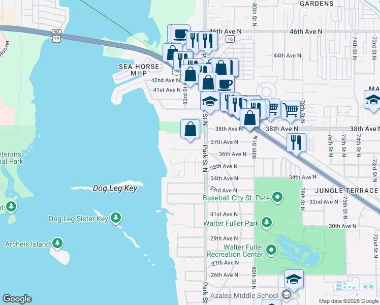 map of restaurants, bars, coffee shops, grocery stores, and more near 8249 35th Avenue North in St. Petersburg