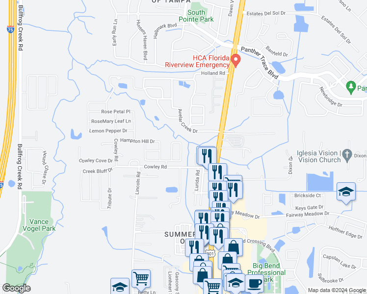 map of restaurants, bars, coffee shops, grocery stores, and more near 10341 Avelar Ridge Drive in Riverview