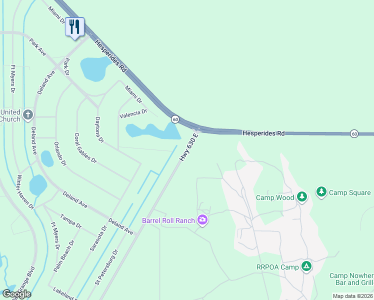 map of restaurants, bars, coffee shops, grocery stores, and more near 18598 County Road 630 in River Ranch