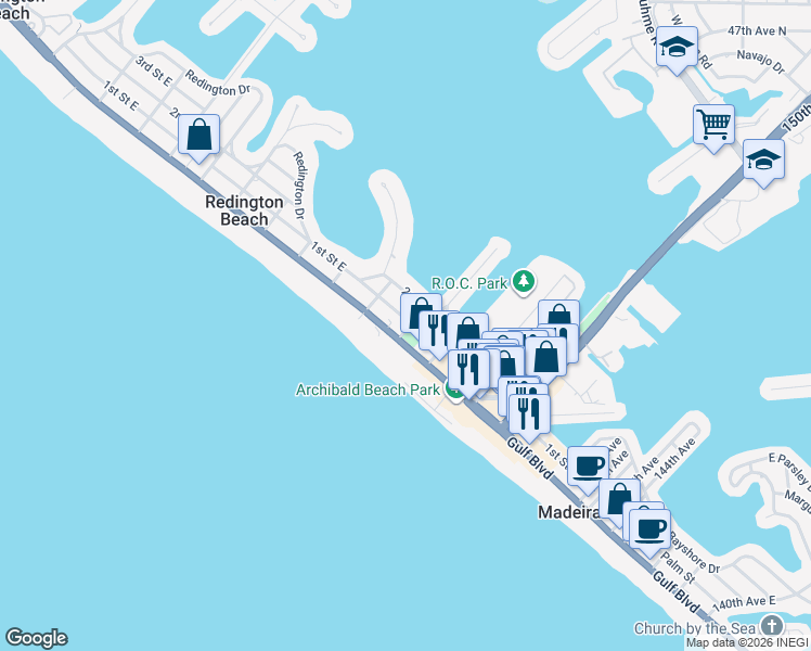 map of restaurants, bars, coffee shops, grocery stores, and more near 54 154th Avenue in Madeira Beach