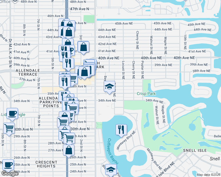 map of restaurants, bars, coffee shops, grocery stores, and more near 255 35th Avenue Northeast in St. Petersburg
