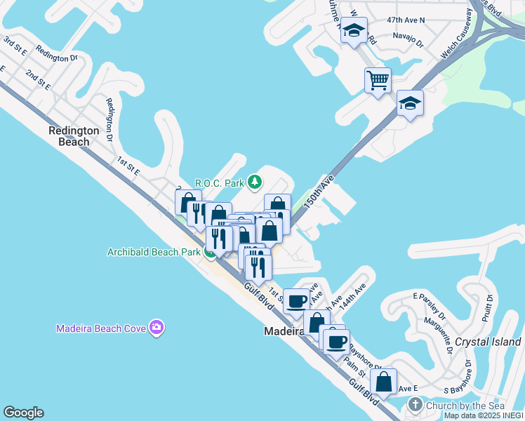 map of restaurants, bars, coffee shops, grocery stores, and more near 179 Medallion Boulevard in Madeira Beach