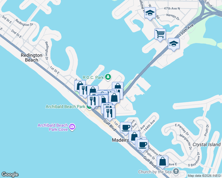 map of restaurants, bars, coffee shops, grocery stores, and more near 201 Medallion Boulevard in Madeira Beach