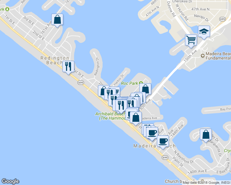 map of restaurants, bars, coffee shops, grocery stores, and more near 15361 2nd Street East in Madeira Beach