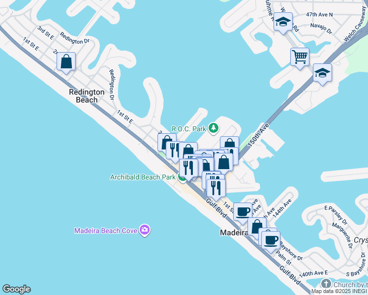 map of restaurants, bars, coffee shops, grocery stores, and more near 15301 2nd Street East in Madeira Beach