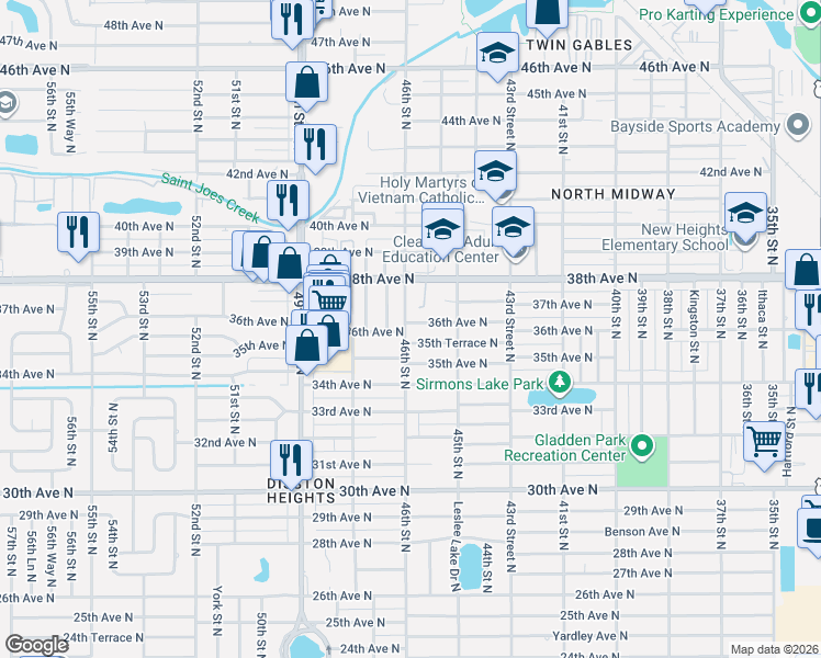 map of restaurants, bars, coffee shops, grocery stores, and more near 4629 35th Avenue North in St. Petersburg