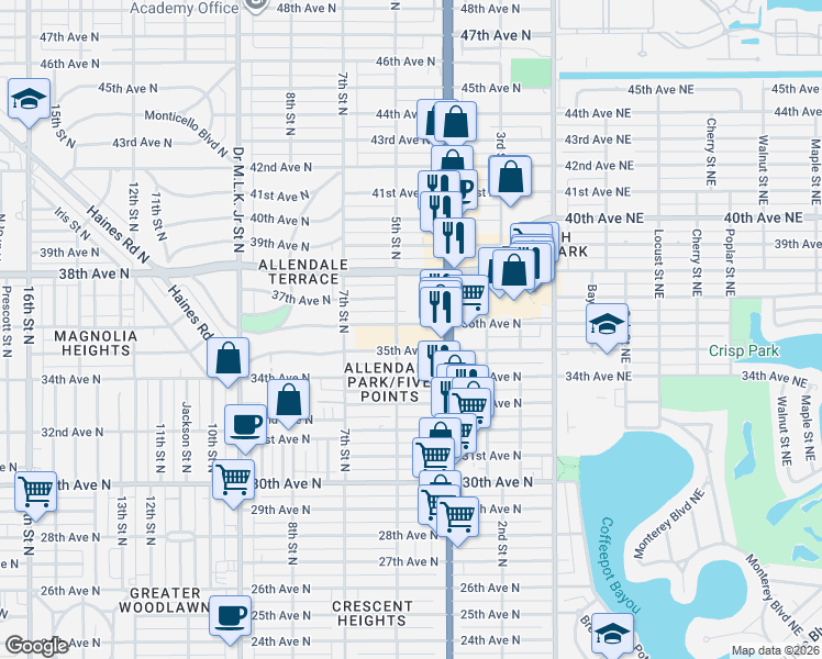 map of restaurants, bars, coffee shops, grocery stores, and more near 466 36th Avenue North in St. Petersburg