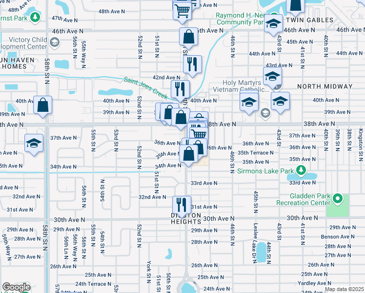 map of restaurants, bars, coffee shops, grocery stores, and more near 4944 35th Avenue North in St. Petersburg