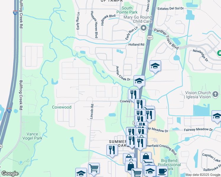 map of restaurants, bars, coffee shops, grocery stores, and more near 10415 Avelar Ridge Drive in Riverview