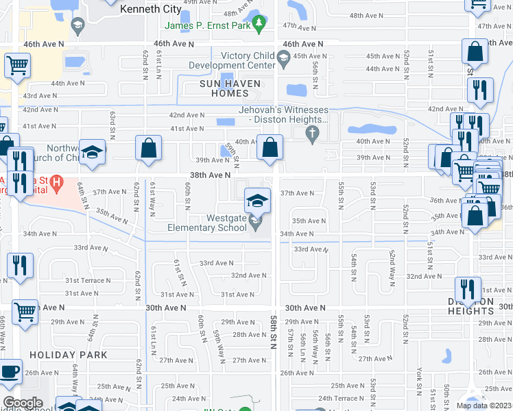 map of restaurants, bars, coffee shops, grocery stores, and more near 3560 58th Street North in St. Petersburg