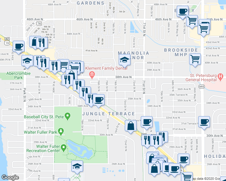 map of restaurants, bars, coffee shops, grocery stores, and more near 7421 35th Avenue North in St. Petersburg
