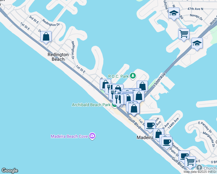 map of restaurants, bars, coffee shops, grocery stores, and more near 15305 1st Street East in Madeira Beach