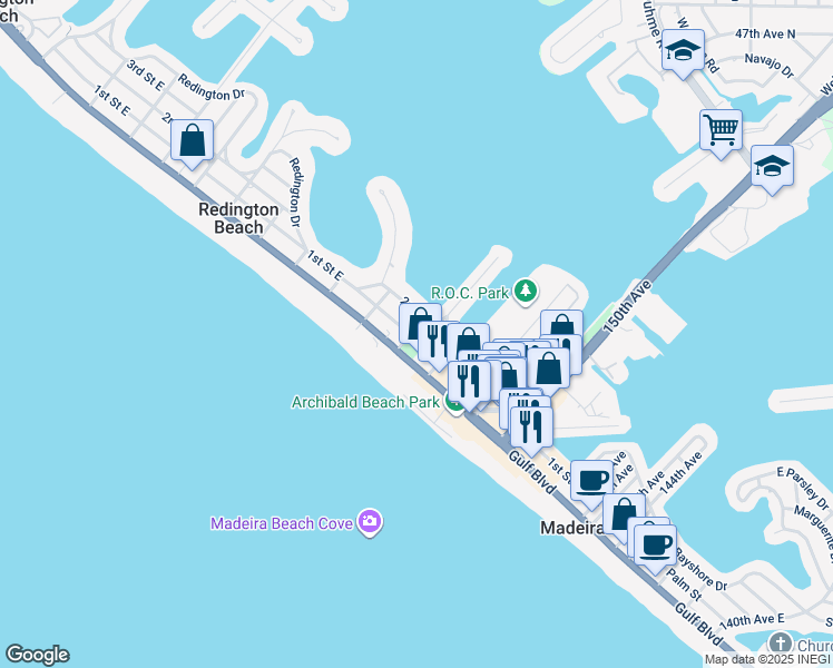 map of restaurants, bars, coffee shops, grocery stores, and more near 15305 1st Street East in Madeira Beach