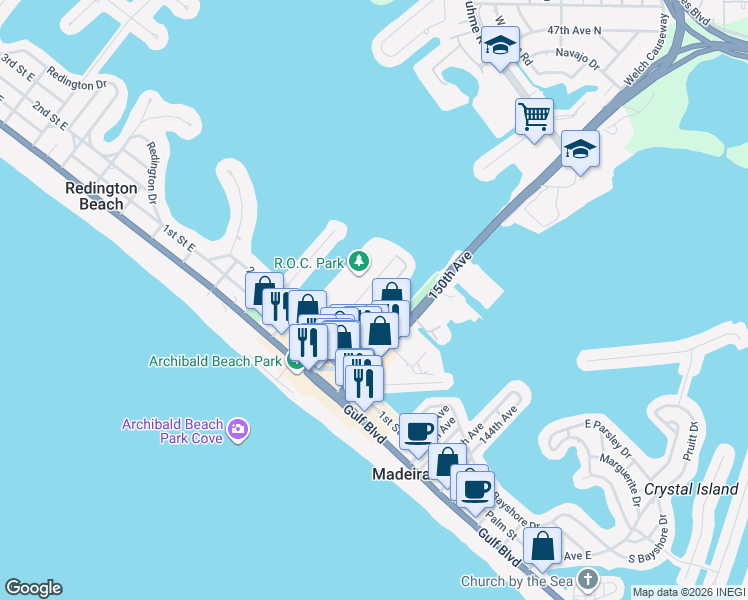 map of restaurants, bars, coffee shops, grocery stores, and more near 201 Medallion Boulevard in Madeira Beach