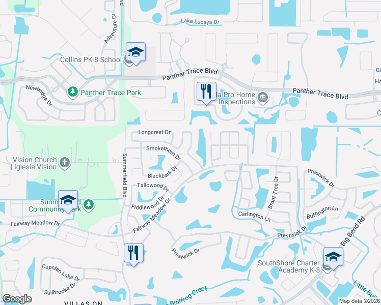 map of restaurants, bars, coffee shops, grocery stores, and more near 12923 Longcrest Drive in Riverview