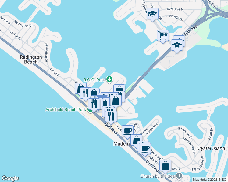 map of restaurants, bars, coffee shops, grocery stores, and more near 215 Medallion Boulevard in Madeira Beach