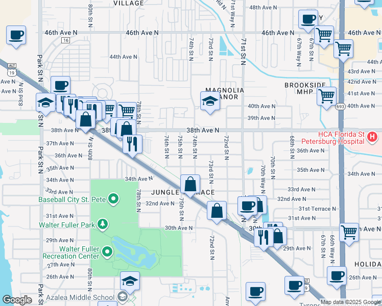 map of restaurants, bars, coffee shops, grocery stores, and more near 7421 35th Avenue North in St. Petersburg