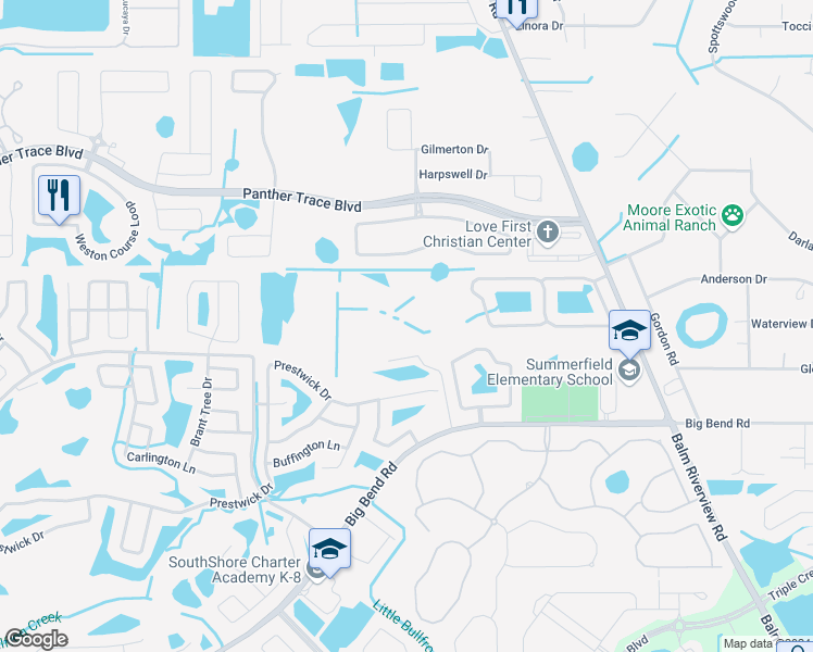 map of restaurants, bars, coffee shops, grocery stores, and more near 11870 Big Bend Road in Riverview