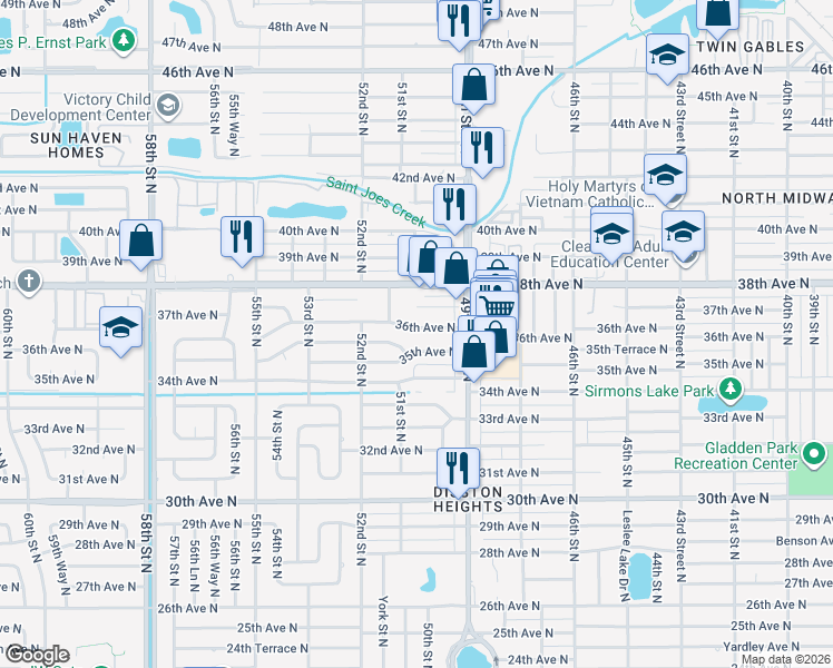 map of restaurants, bars, coffee shops, grocery stores, and more near 5038 36th Avenue North in St. Petersburg
