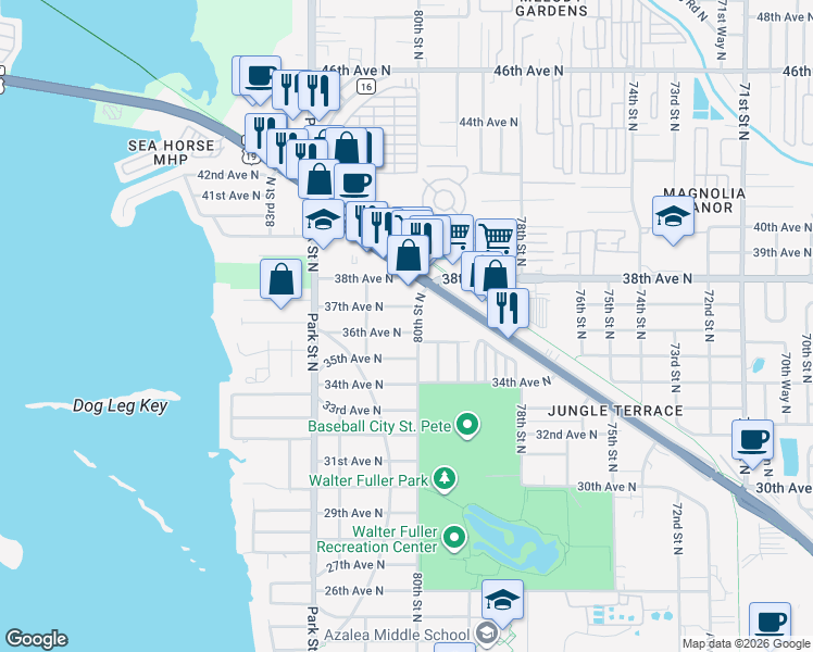 map of restaurants, bars, coffee shops, grocery stores, and more near 8021 36th Avenue North in Saint Petersburg