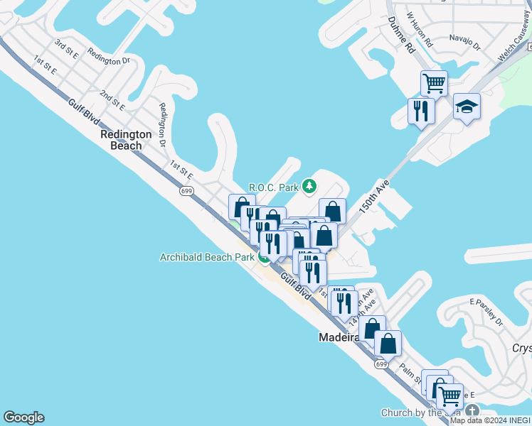 map of restaurants, bars, coffee shops, grocery stores, and more near 15301 2nd Street East in Madeira Beach