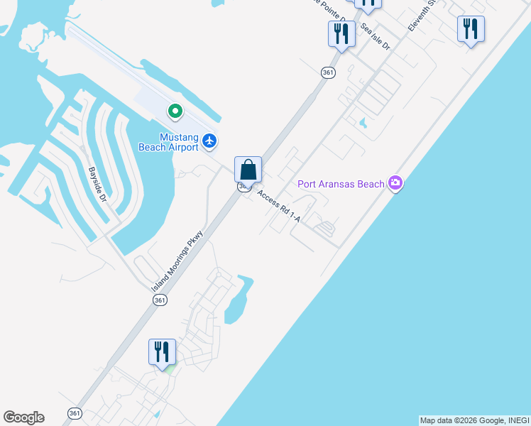 map of restaurants, bars, coffee shops, grocery stores, and more near 604 Beach Access Road 1A in Port Aransas