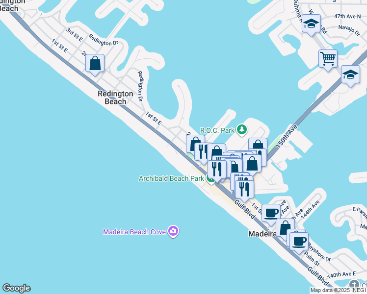 map of restaurants, bars, coffee shops, grocery stores, and more near 15472 1st Street East in Madeira Beach