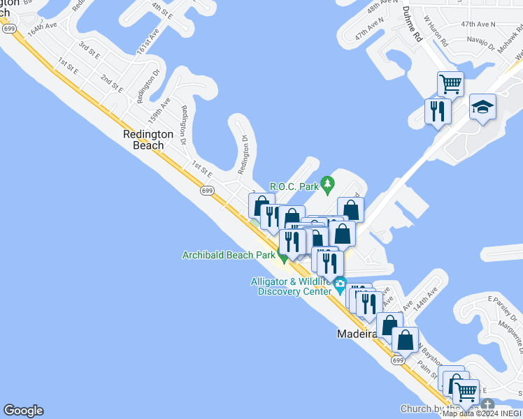 map of restaurants, bars, coffee shops, grocery stores, and more near 101 154th Avenue in Madeira Beach