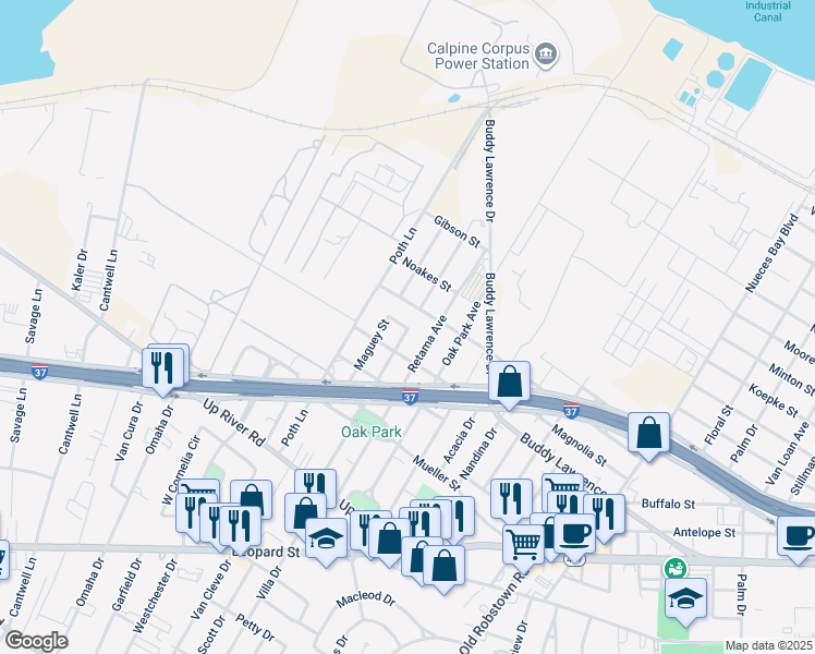 map of restaurants, bars, coffee shops, grocery stores, and more near 4101 Huisache Street in Corpus Christi
