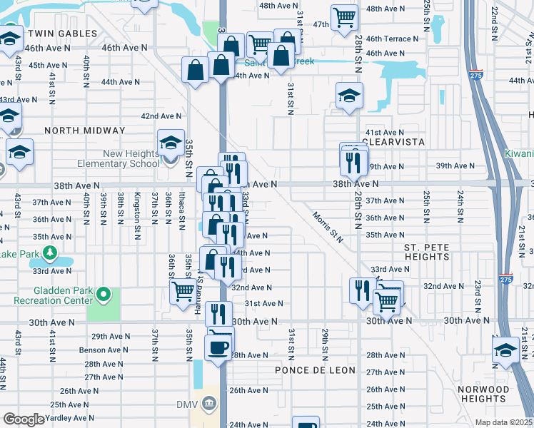 map of restaurants, bars, coffee shops, grocery stores, and more near 3745 33rd Street North in St. Petersburg