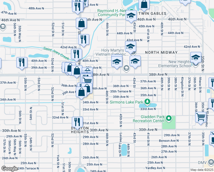 map of restaurants, bars, coffee shops, grocery stores, and more near 3645 Tifton Street North in St. Petersburg