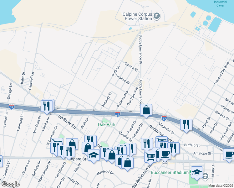 map of restaurants, bars, coffee shops, grocery stores, and more near 4101 Huisache Street in Corpus Christi