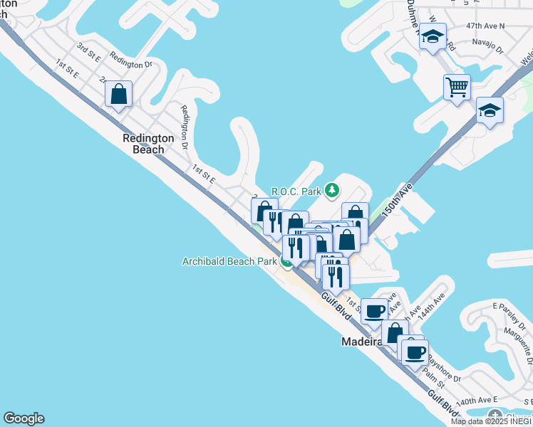 map of restaurants, bars, coffee shops, grocery stores, and more near 15406 2nd Street East in Madeira Beach