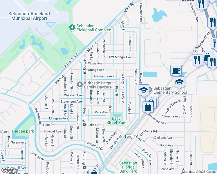 map of restaurants, bars, coffee shops, grocery stores, and more near 445 Southwest Croton Avenue in Sebastian