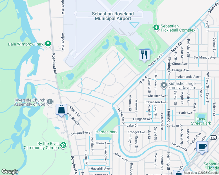 map of restaurants, bars, coffee shops, grocery stores, and more near 667 Gossamer Wing Way in Sebastian